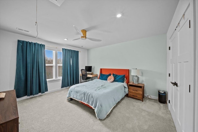 2046 Bluet, Woodruff, SC 29388 - carpeted bedroom with recessed lighting, visible vents, baseboards, and ceiling fan
