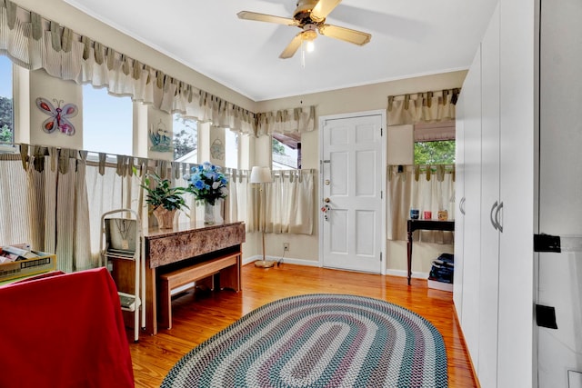 entryway with baseboards, a ceiling fan, and wood finished floors