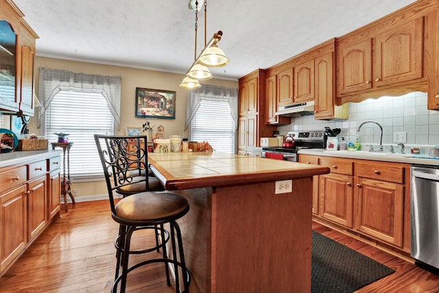 kitchen featuring tasteful backsplash, appliances with stainless steel finishes, a kitchen breakfast bar, under cabinet range hood, and wood finished floors