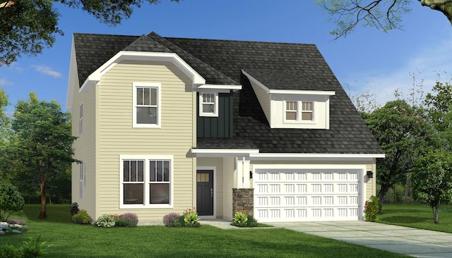 view of front of property featuring a garage, roof with shingles, a front yard, and concrete driveway
