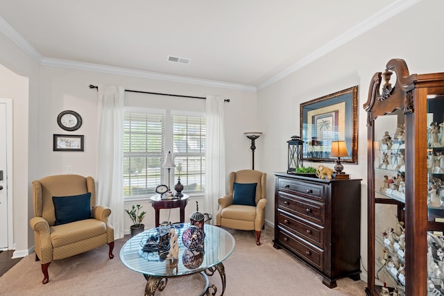 living area featuring crown molding, light carpet, and visible vents