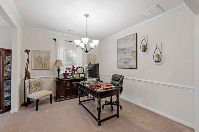 office with light carpet, visible vents, ornamental molding, and a chandelier