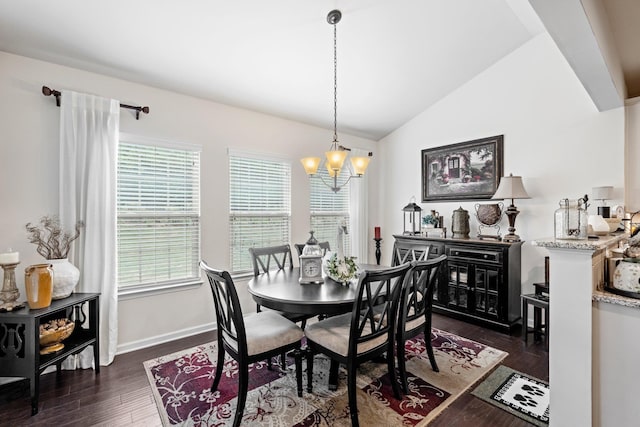 dining area with an inviting chandelier, baseboards, vaulted ceiling, and dark wood-style flooring