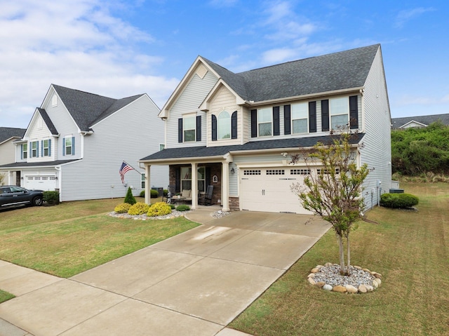 view of front of property with stone siding, covered porch, a garage, a front lawn, and driveway