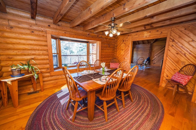 144 Lakeshore, Chesnee, SC 29323 - dining space with a ceiling fan, rustic walls, wood finished floors, wooden ceiling, and beam ceiling