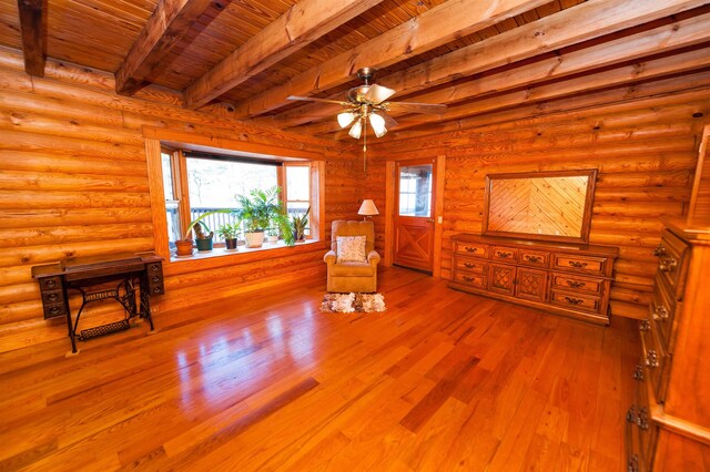 144 Lakeshore, Chesnee, SC 29323 - sitting room with wood ceiling, wood finished floors, beamed ceiling, and a ceiling fan