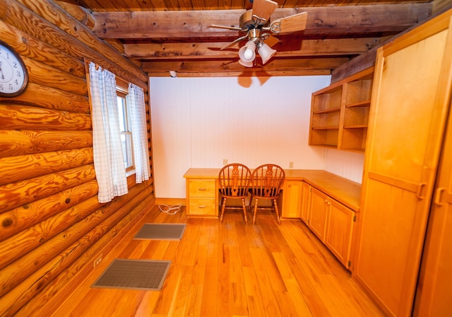 144 Lakeshore, Chesnee, SC 29323 - unfurnished dining area with wood ceiling, beamed ceiling, a ceiling fan, and visible vents