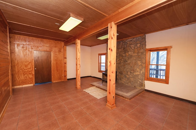 144 Lakeshore, Chesnee, SC 29323 - below grade area featuring wood ceiling, a healthy amount of sunlight, wood walls, and baseboards