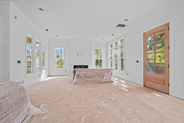 138 Silver Hl, Spartanburg, SC 29302 - unfurnished living room featuring a fireplace, ornamental molding, and baseboards