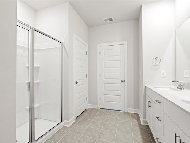 217 Merriweather, Spartanburg, SC 29301 - full bathroom featuring a shower stall, double vanity, tile patterned flooring, and baseboards