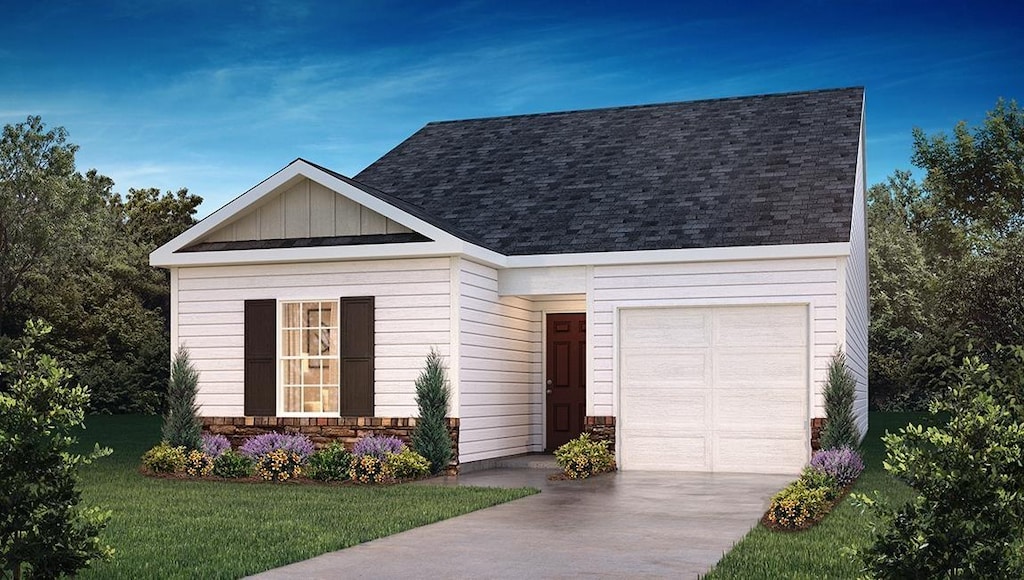 view of front of property with a garage, roof with shingles, stone siding, a front lawn, and concrete driveway