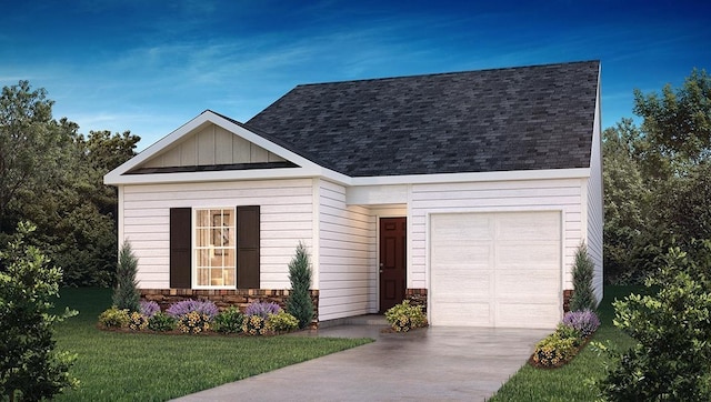 view of front of property with a garage, roof with shingles, stone siding, a front lawn, and concrete driveway