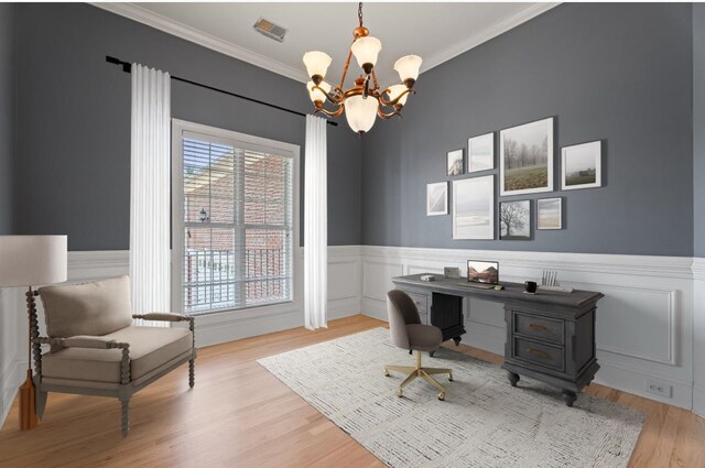 208 W Coosaw, Roebuck, SC 29376 - office featuring ornamental molding, visible vents, wood finished floors, wainscoting, and a notable chandelier