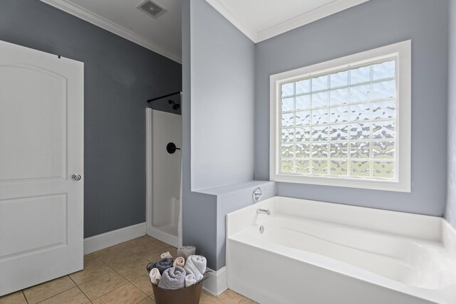 208 W Coosaw, Roebuck, SC 29376 - full bathroom featuring a bath, tile patterned flooring, ornamental molding, visible vents, and walk in shower