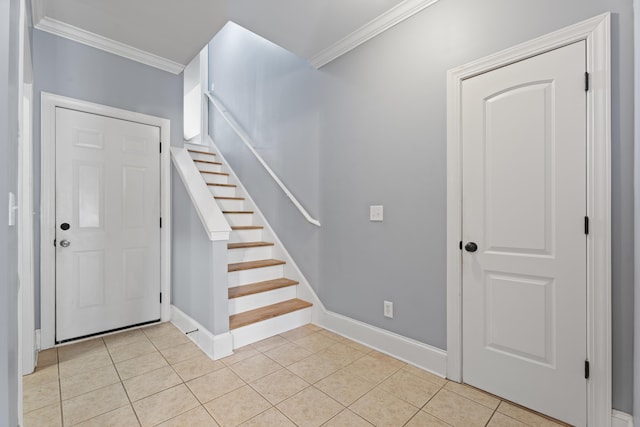 208 W Coosaw, Roebuck, SC 29376 - staircase with tile patterned floors, baseboards, and ornamental molding