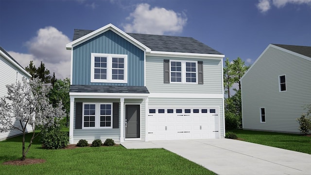 traditional-style house featuring a garage, roof with shingles, a front yard, and driveway