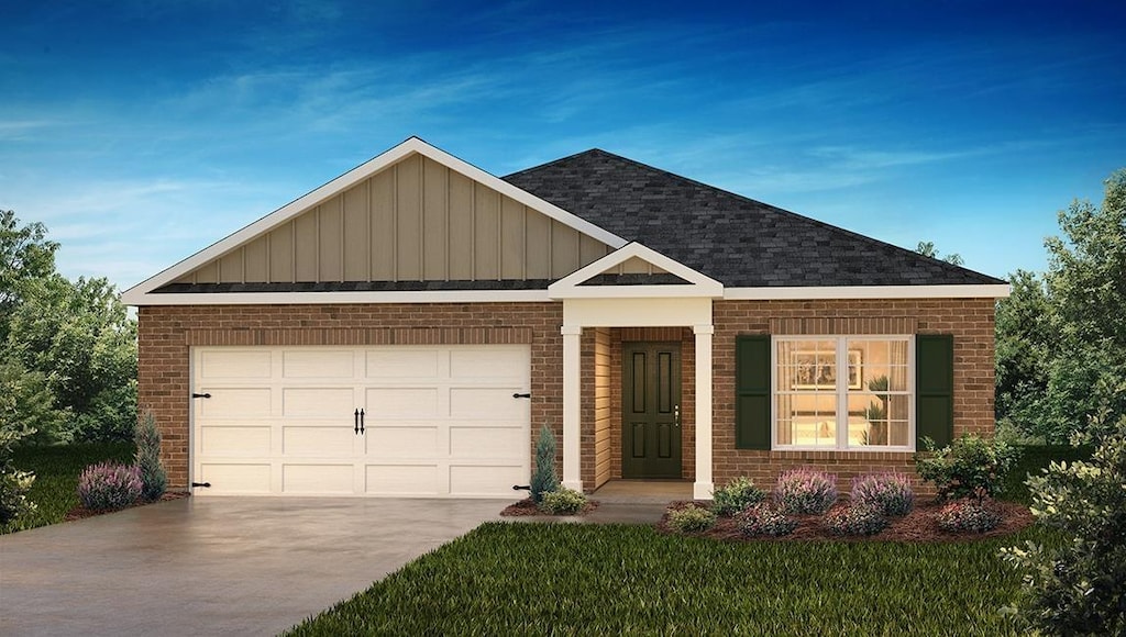 view of front facade with board and batten siding, driveway, brick siding, a front yard, and a garage