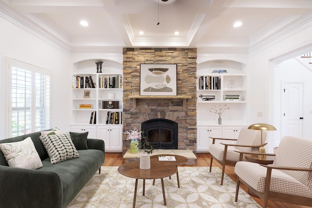 865 Westmoreland, Greer, SC 29651 - living area featuring light wood finished floors, coffered ceiling, ornamental molding, and built in shelves