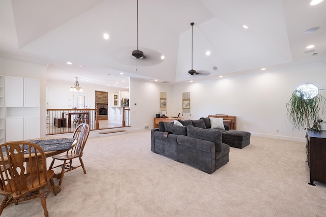 865 Westmoreland, Greer, SC 29651 - living area featuring high vaulted ceiling, crown molding, ceiling fan, light colored carpet, and recessed lighting