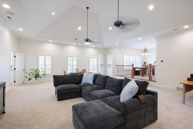 865 Westmoreland, Greer, SC 29651 - living room with light carpet, recessed lighting, a wealth of natural light, and crown molding