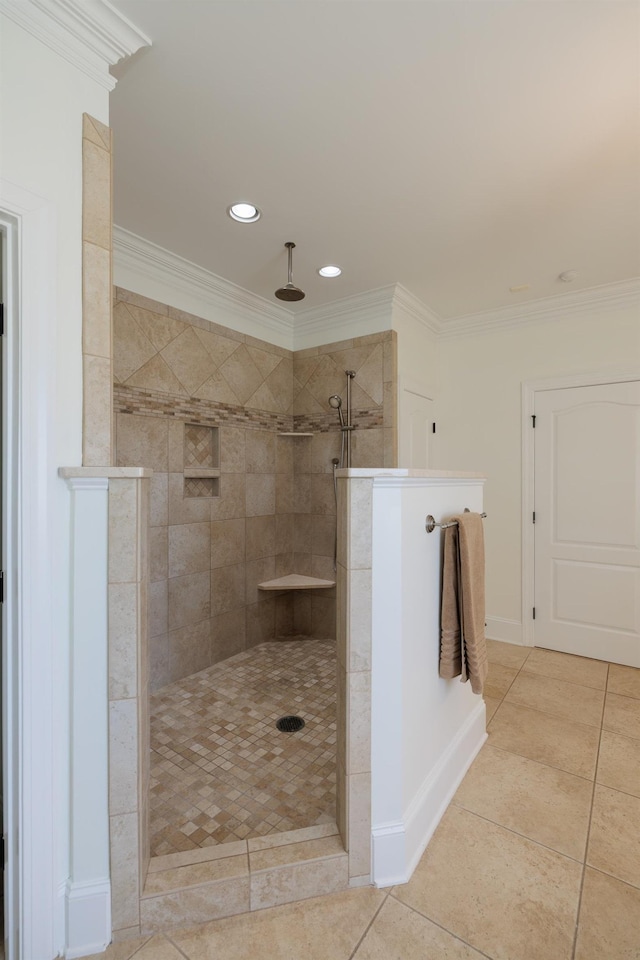865 Westmoreland, Greer, SC 29651 - bathroom with tile patterned floors, walk in shower, and crown molding