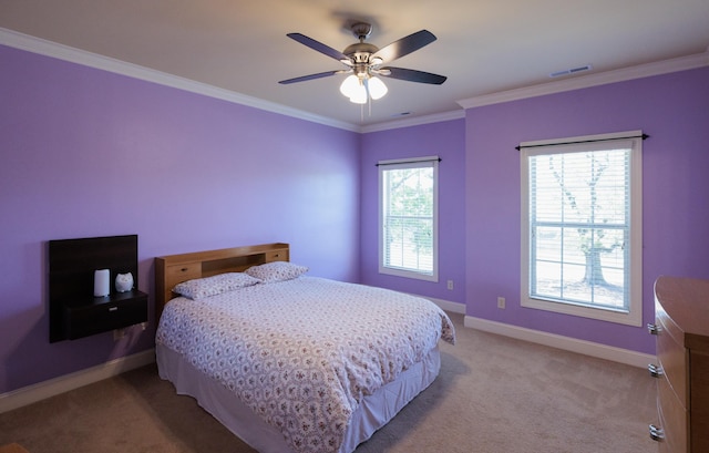 865 Westmoreland, Greer, SC 29651 - bedroom with visible vents, a ceiling fan, crown molding, baseboards, and light colored carpet