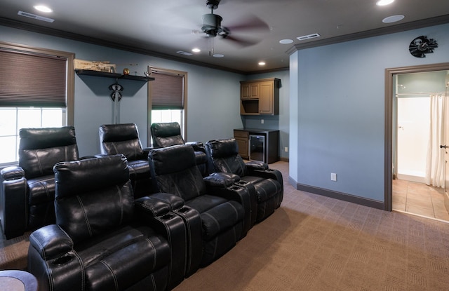 865 Westmoreland, Greer, SC 29651 - cinema featuring a ceiling fan, visible vents, beverage cooler, and crown molding