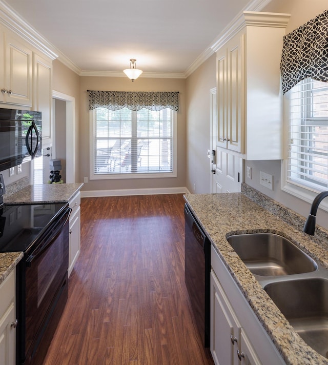 865 Westmoreland, Greer, SC 29651 - kitchen featuring dark wood-style flooring, ornamental molding, a sink, and black appliances