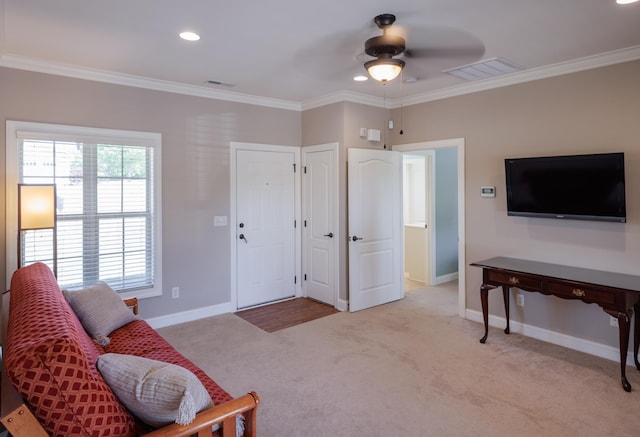 865 Westmoreland, Greer, SC 29651 - living area featuring visible vents, ceiling fan, and crown molding