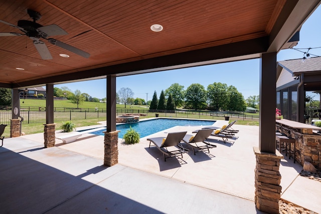 865 Westmoreland, Greer, SC 29651 - view of swimming pool featuring a ceiling fan, outdoor dry bar, a fenced backyard, a patio, and a pool with connected hot tub