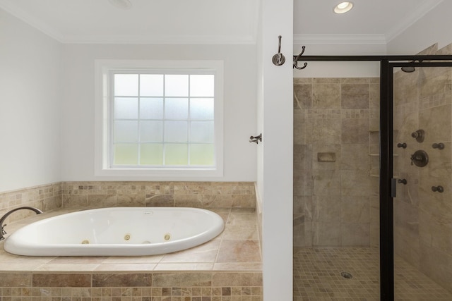 6 Pepper Bush, Greer, SC 29651 - bathroom featuring recessed lighting, ornamental molding, a whirlpool tub, and a stall shower