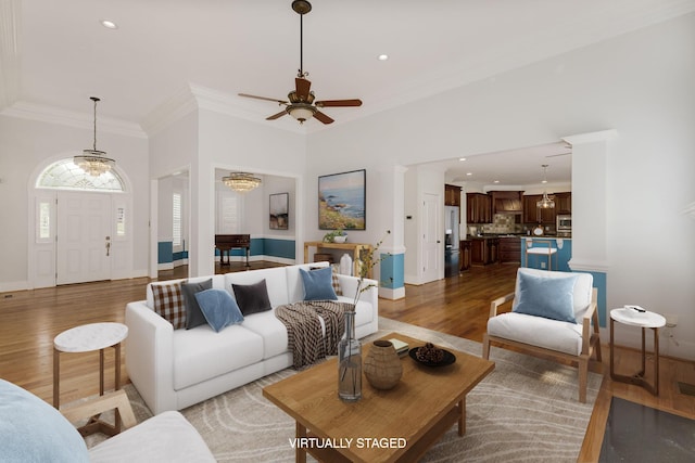 6 Pepper Bush, Greer, SC 29651 - living room with a ceiling fan, crown molding, wood finished floors, and recessed lighting
