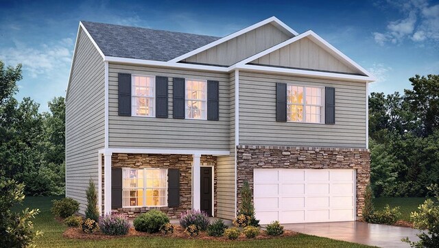 1653 Martingale, Roebuck, SC 29376 - craftsman inspired home with a front lawn, driveway, stone siding, a garage, and roof with shingles