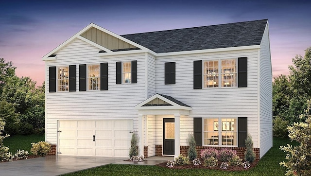 view of front facade with a shingled roof, concrete driveway, board and batten siding, brick siding, and a garage