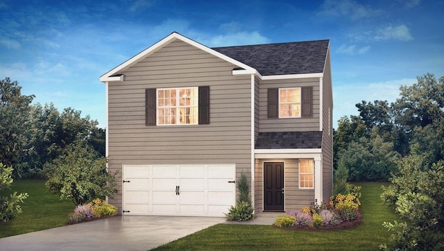 traditional home with an attached garage, driveway, a shingled roof, and a front lawn