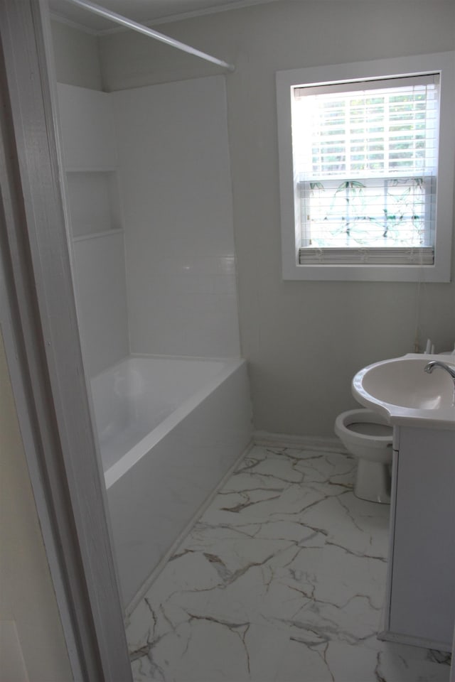 bathroom with  shower combination, marble finish floor, vanity, and toilet