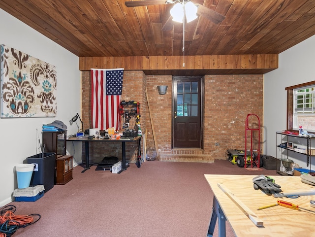 228 Anita, Spartanburg, SC 29302 - interior space with wooden ceiling, carpet flooring, brick wall, and ceiling fan