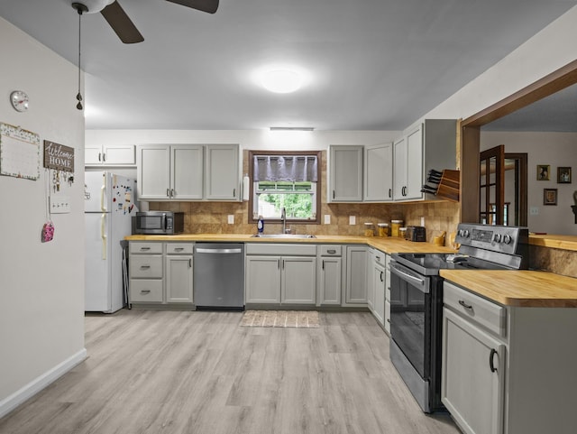 228 Anita, Spartanburg, SC 29302 - kitchen featuring wooden counters, stainless steel appliances, a sink, light wood-style floors, and ceiling fan