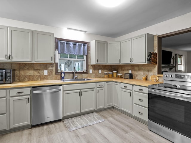 228 Anita, Spartanburg, SC 29302 - kitchen featuring wooden counters, stainless steel appliances, a sink, light wood-style flooring, and tasteful backsplash