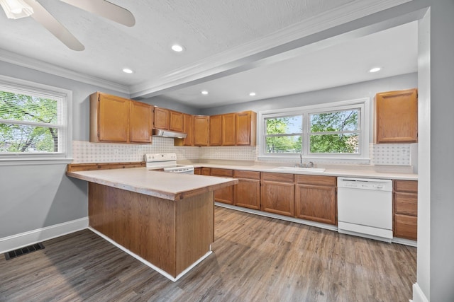 kitchen featuring under cabinet range hood, visible vents, a sink, white appliances, and tasteful backsplash
