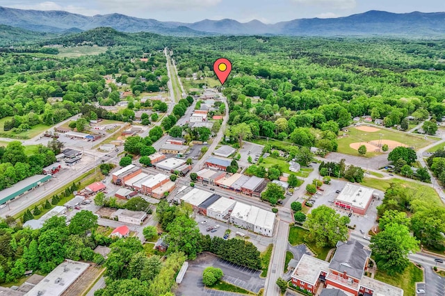 drone / aerial view with a view of trees and a mountain view