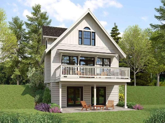 back of house with a lawn, a patio area, board and batten siding, and a balcony