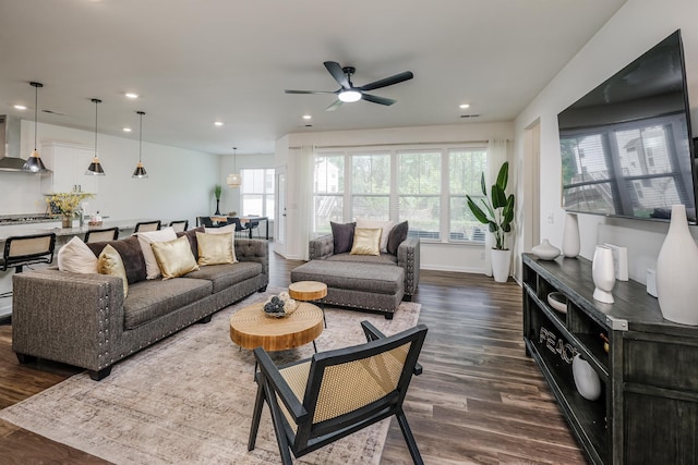 living room featuring dark wood-style floors, recessed lighting, and ceiling fan