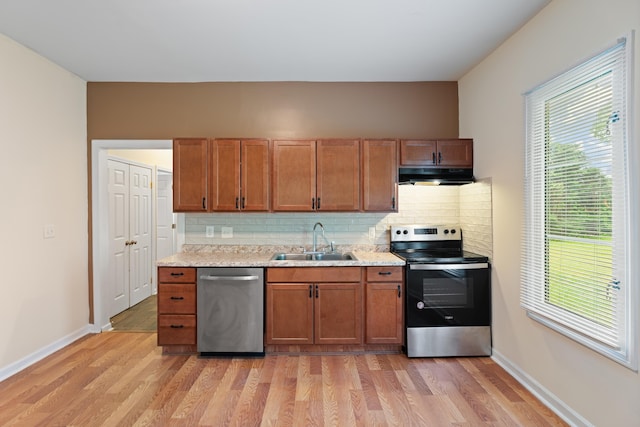 kitchen with a sink, decorative backsplash, light wood-style floors, stainless steel appliances, and under cabinet range hood