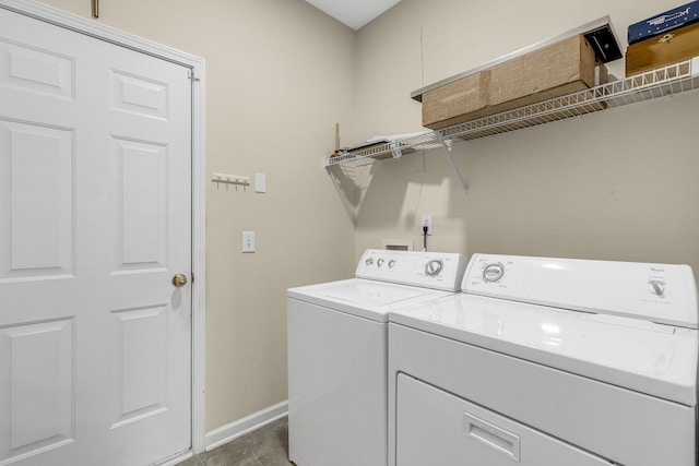 laundry area featuring baseboards, tile patterned flooring, laundry area, and washing machine and dryer