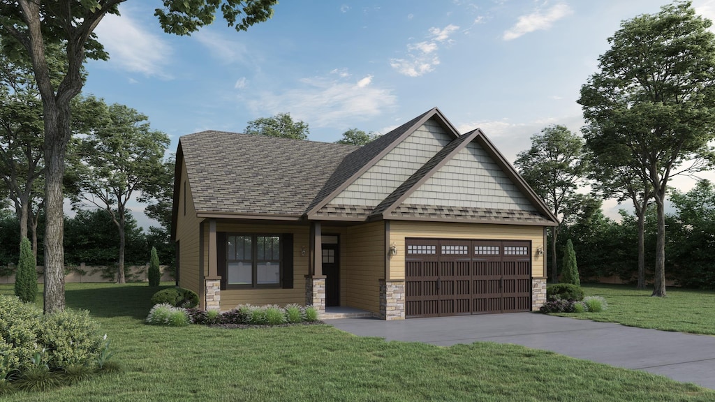 craftsman house featuring an attached garage, driveway, stone siding, a front lawn, and roof with shingles