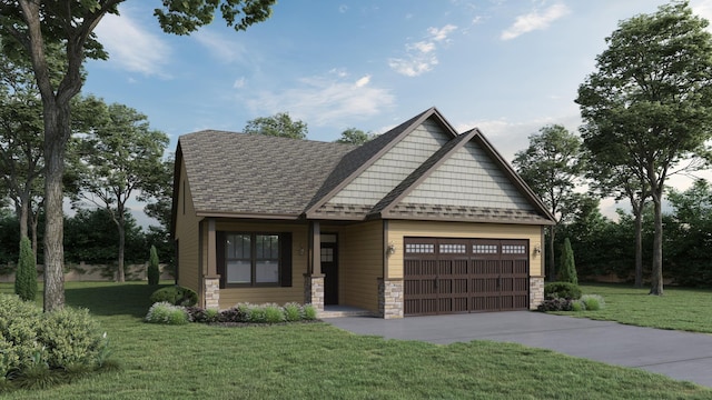 craftsman house featuring an attached garage, driveway, stone siding, a front lawn, and roof with shingles