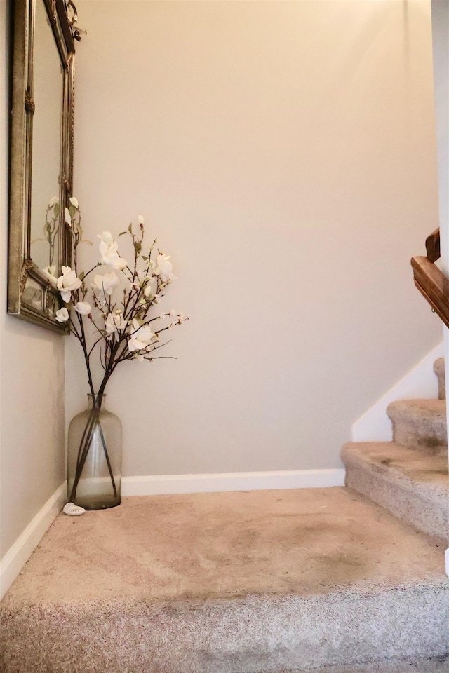 staircase with carpet floors and baseboards