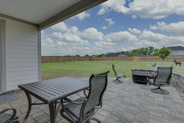 view of patio / terrace featuring an outdoor fire pit, outdoor dining space, and a fenced backyard