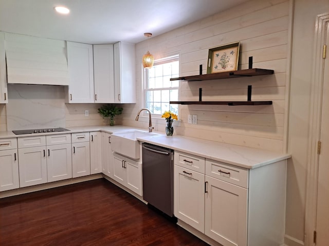 kitchen featuring a sink, dark wood-type flooring, custom exhaust hood, dishwasher, and white cabinets